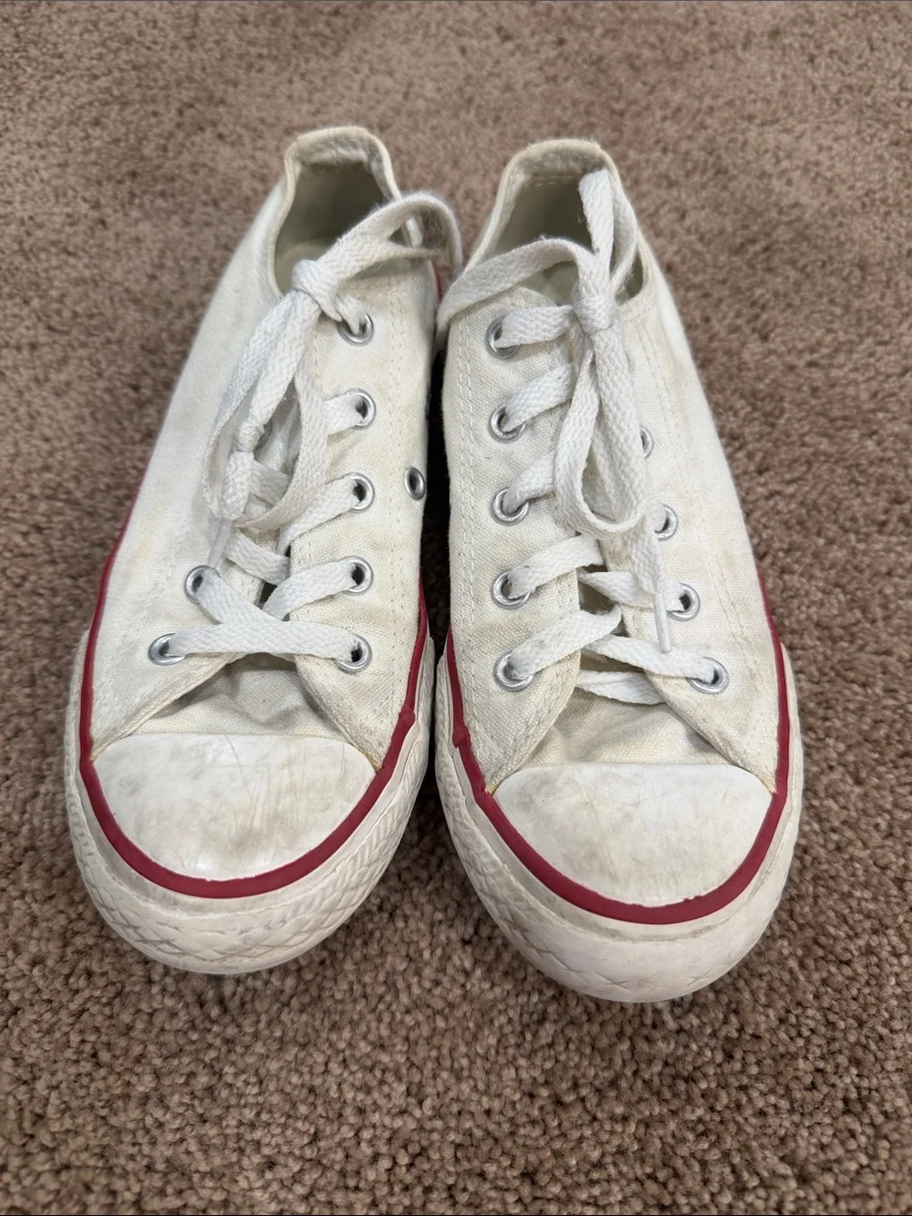 Converse Kids Low-Top Canvas Sneakers in White with Red Trim